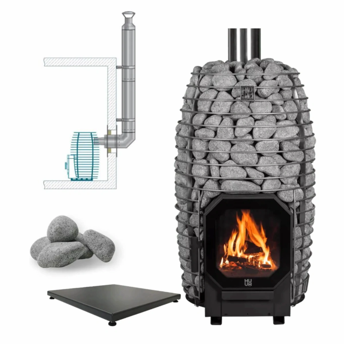 HUUM HIVE Flow LS wood-burning sauna heater package with stones, chimney and protective bed
