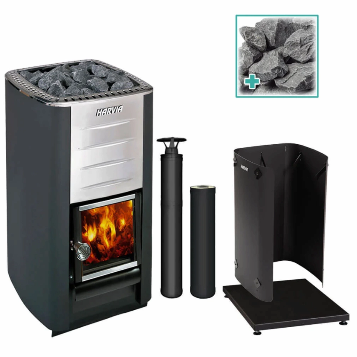 Harvia M3 Wood Burning Sauna Stove Kit with chimney, protection and stones