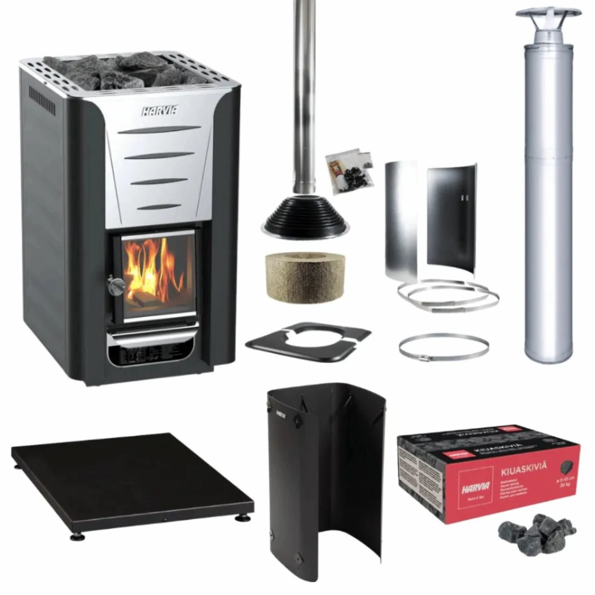 Harvia PRO 20 24kW wood-burning sauna stove kit with chimney, protective sheath, floor protection and sauna stones