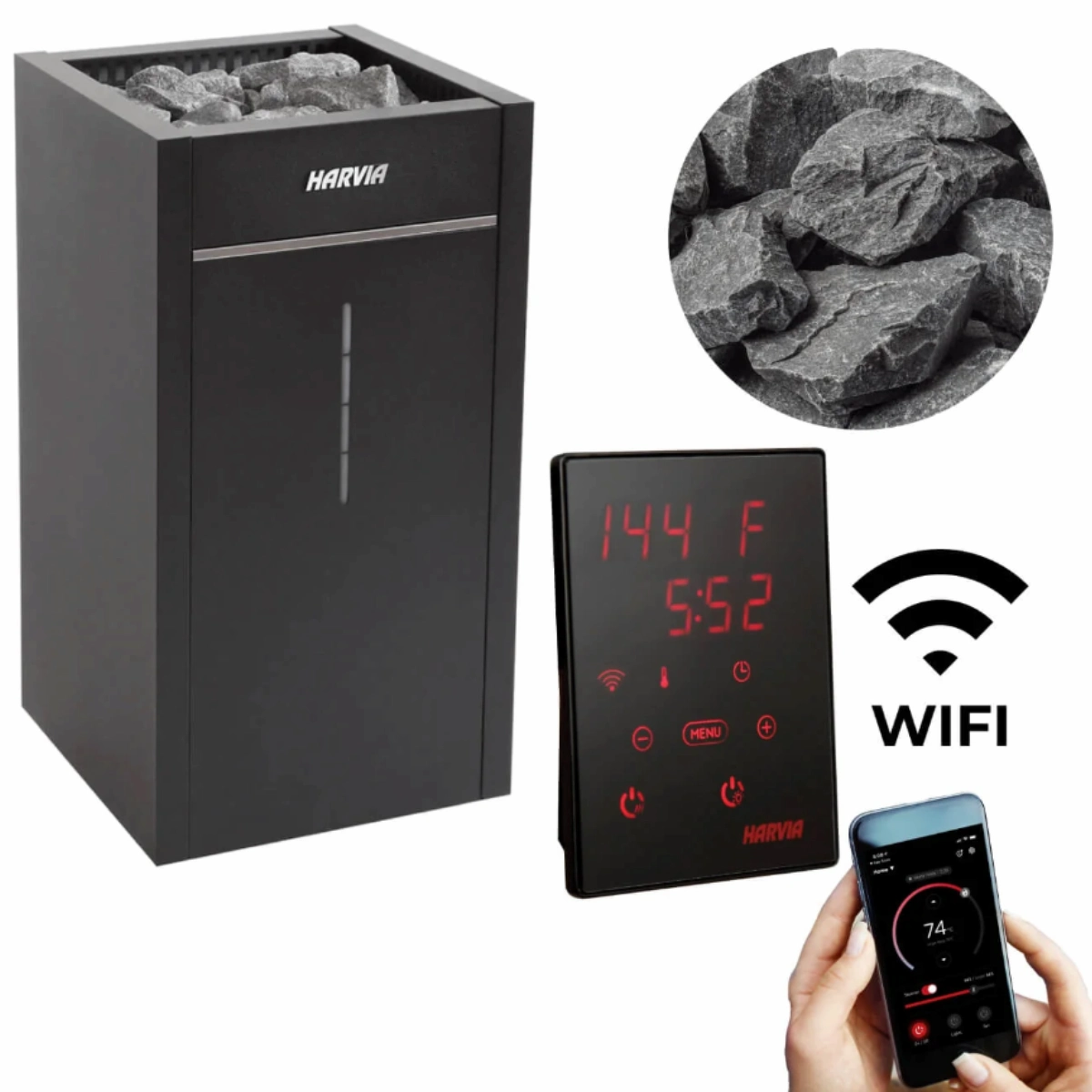 Harvia Virta Combi 10.5kW electric sauna heater and steamer package with Xenio Wi-Fi controller and sauna stones