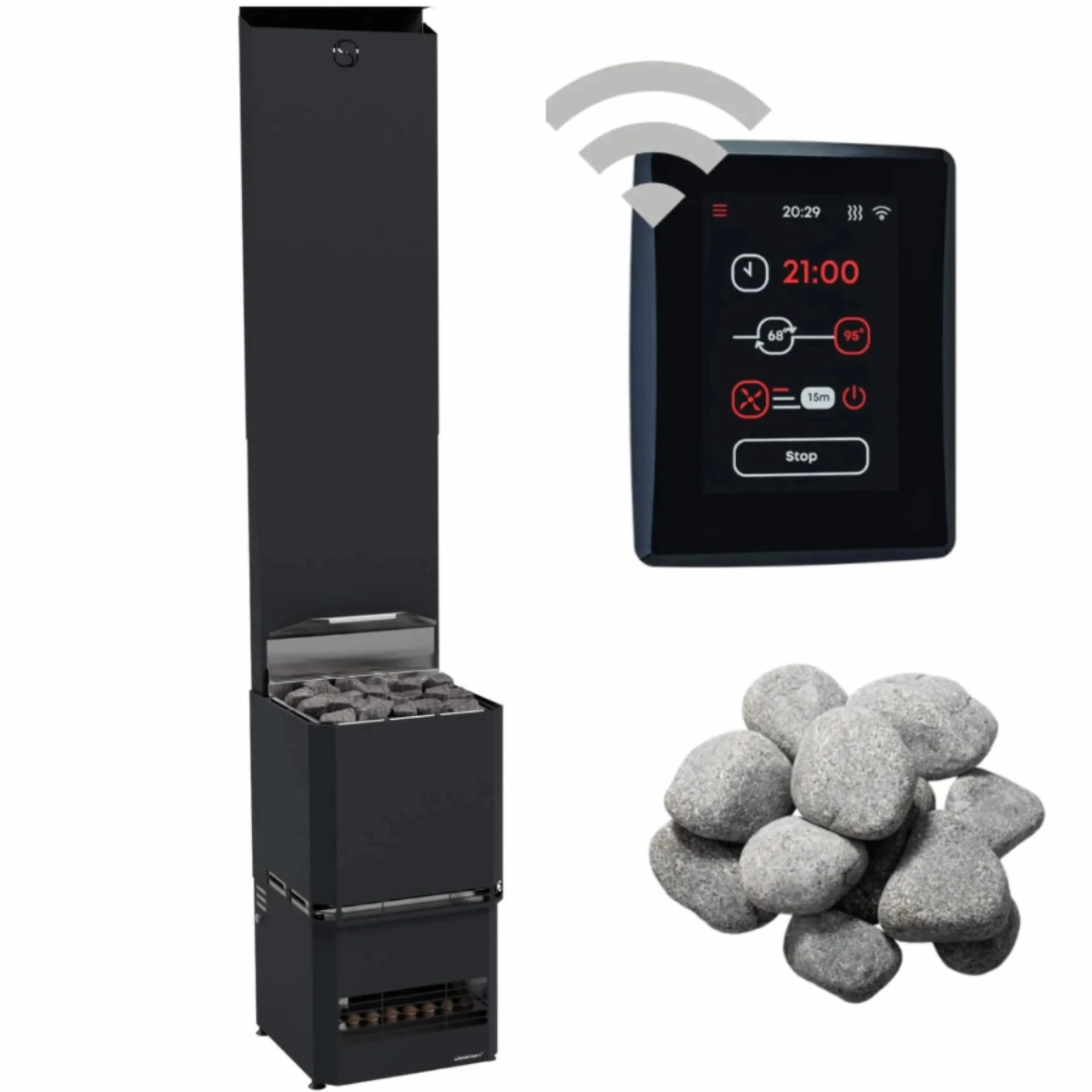 Saunum Air L electric sauna heater package with AirIQ Wi-Fi controller and sauna stones