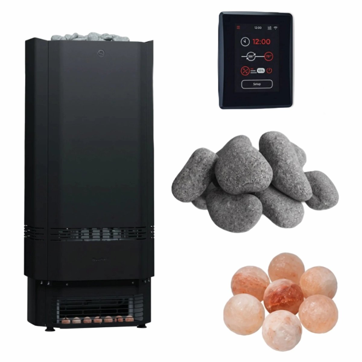 Saunum Air Perfect electric sauna heater package with AirIQ Wi-Fi controller, sauna stones and Himalayan salt spheres