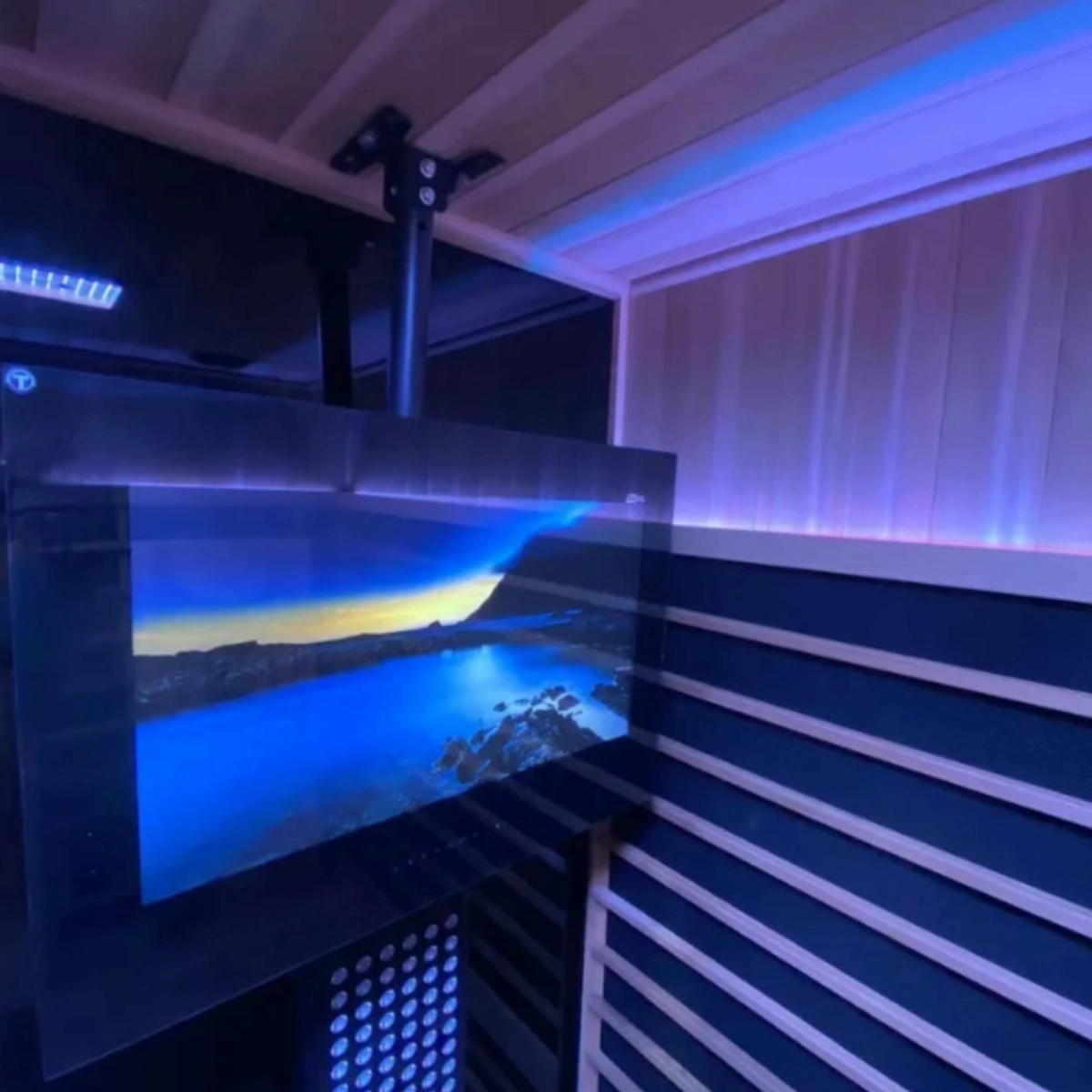 Smart TV add-on installed inside a Sun Home infrared sauna