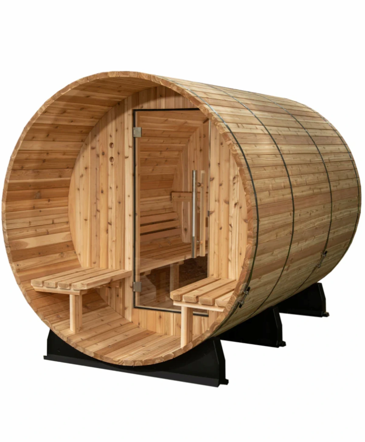 Almost Heaven four-person canopy barrel sauna with covered entry