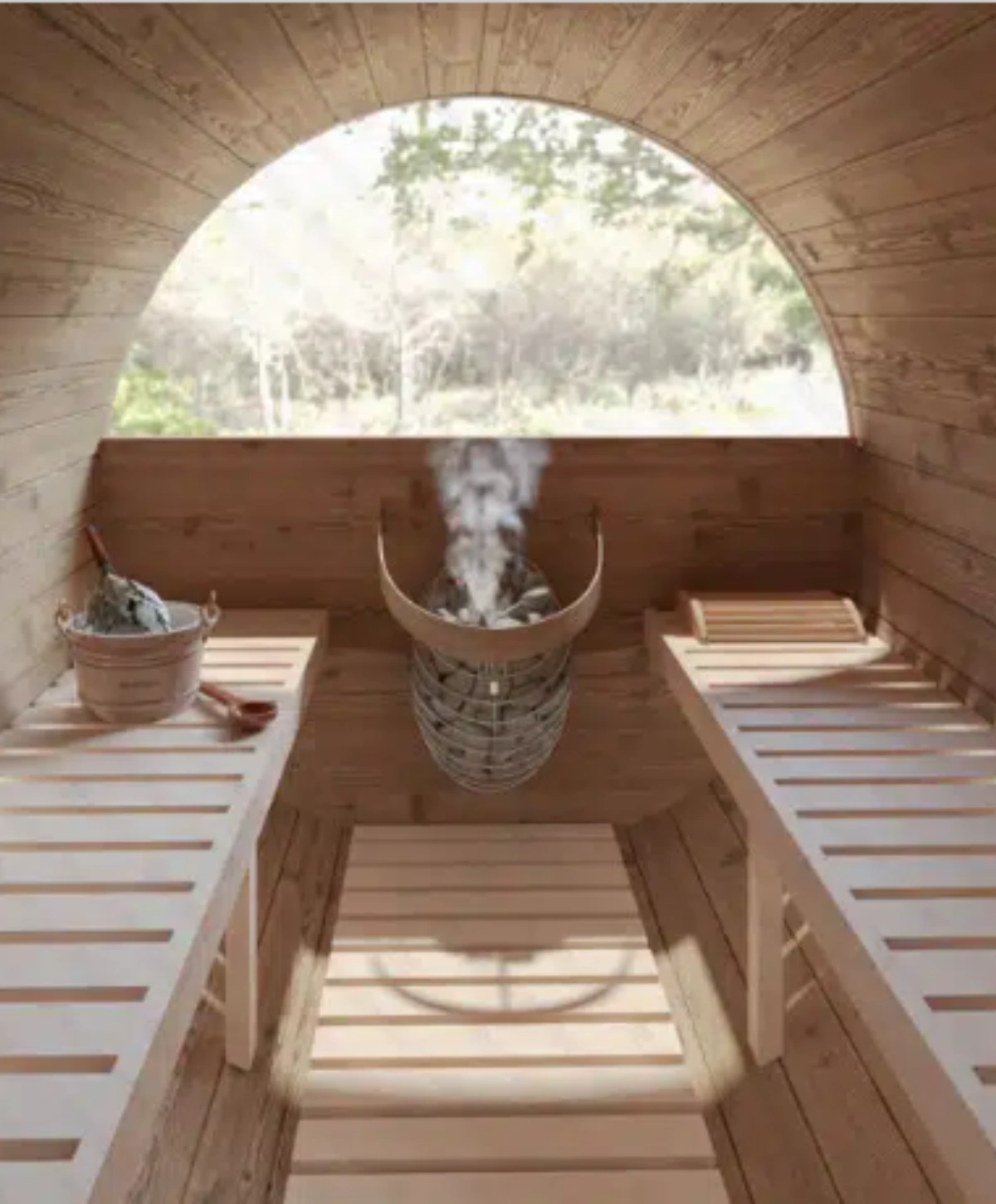 Outdoor barrel sauna interior with electric heater and panoramic window