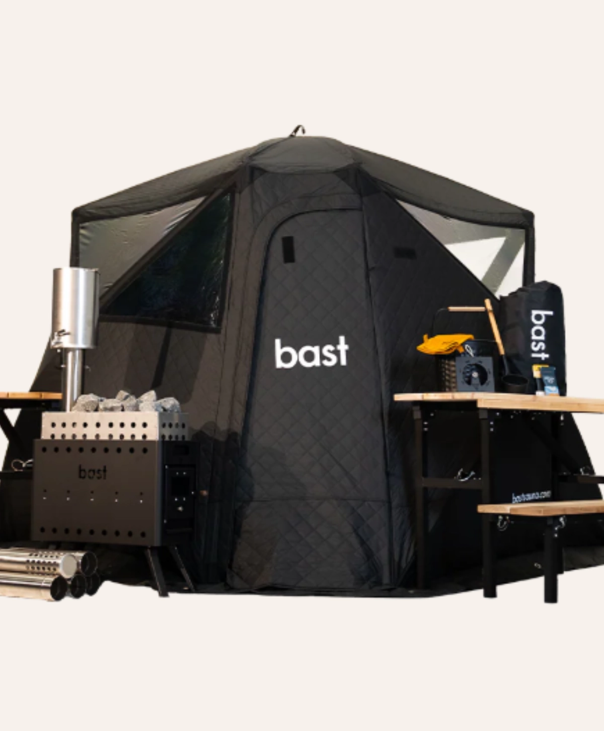 Bast sauna tent with stove and accessories