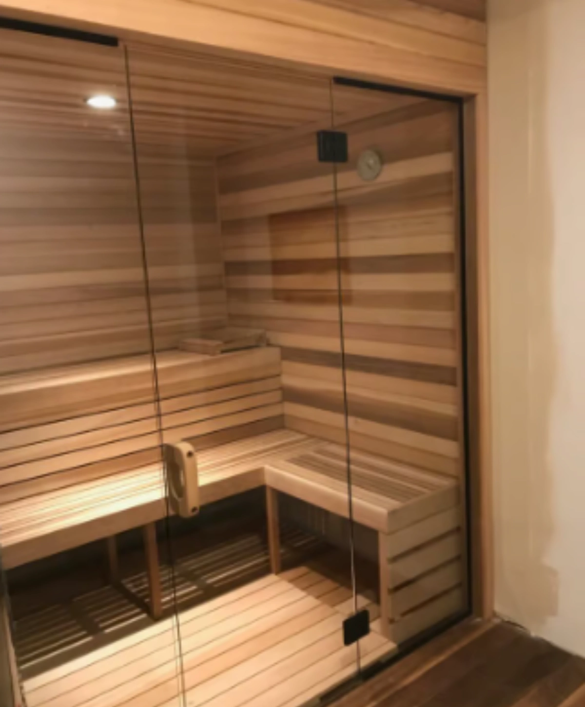 Cedarbrook custom indoor cedar sauna with glass front