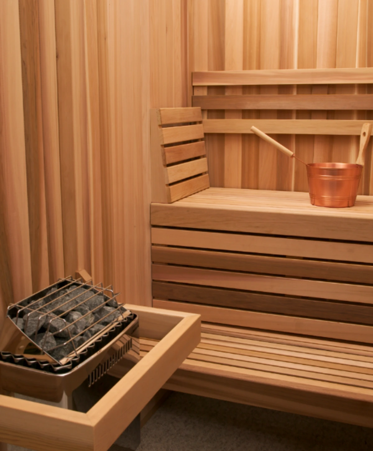 Finlandia Sauna cedar interior with 3-rail backrest and heater