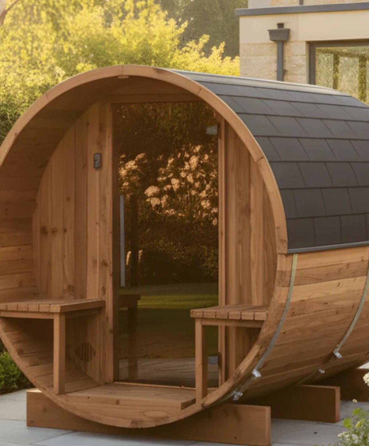 Finnmark Small Wood Barrel Sauna with Relaxation Terrace