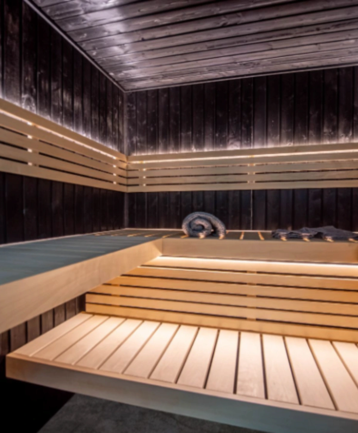 Harvia Fenix 2020S sauna cabin with dark wood interior and light benches