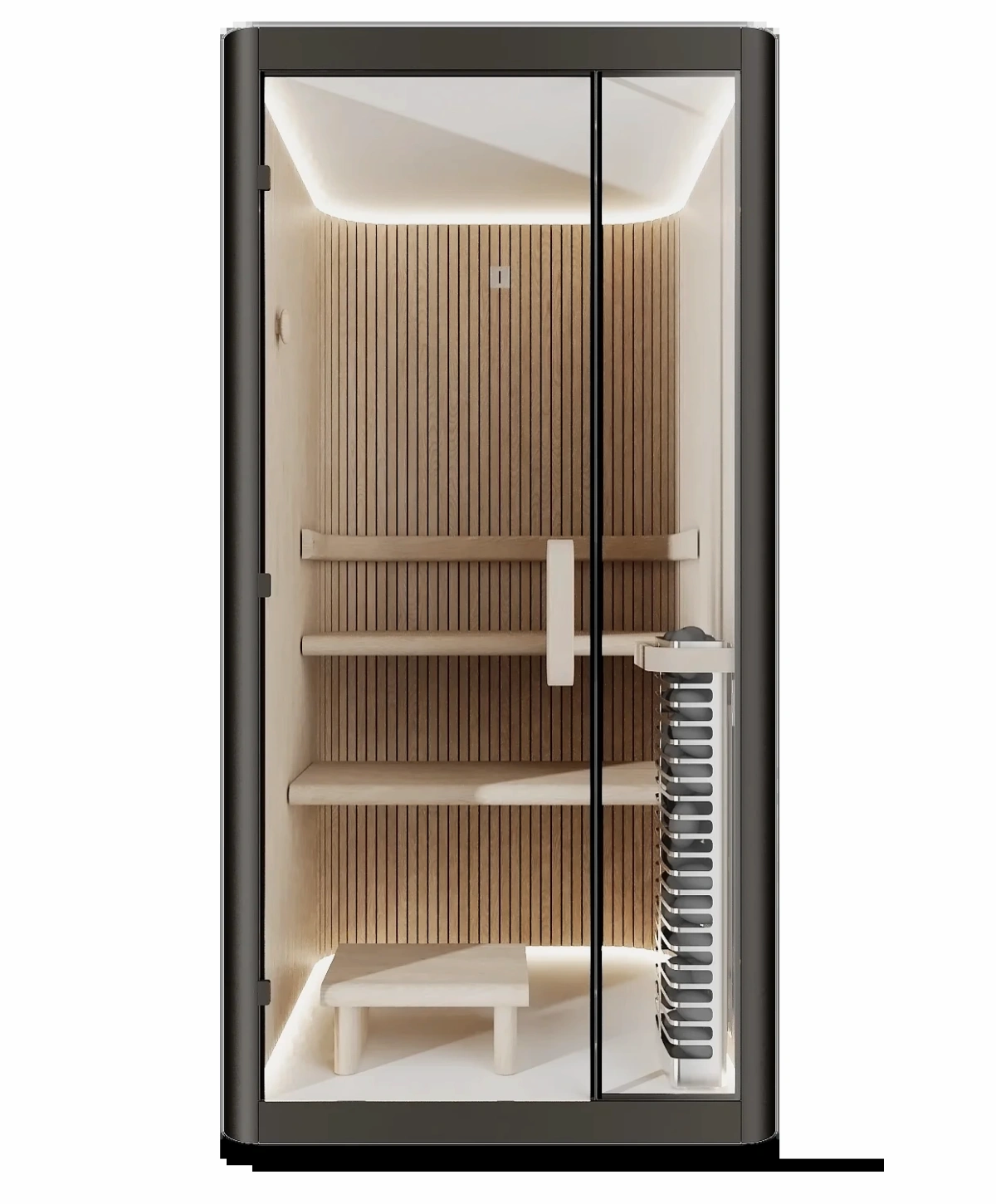Haven Sauna front view with glass door and traditional heater
