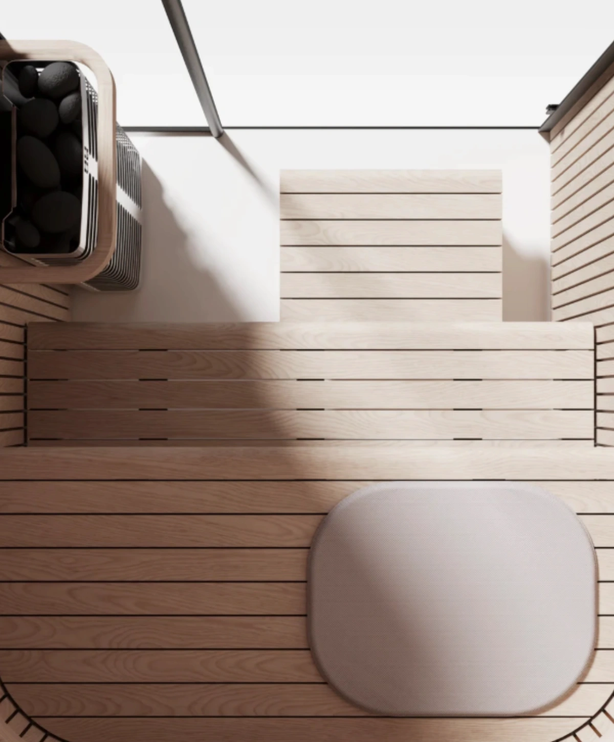 Haven Sauna interior with wooden benches and stone heater