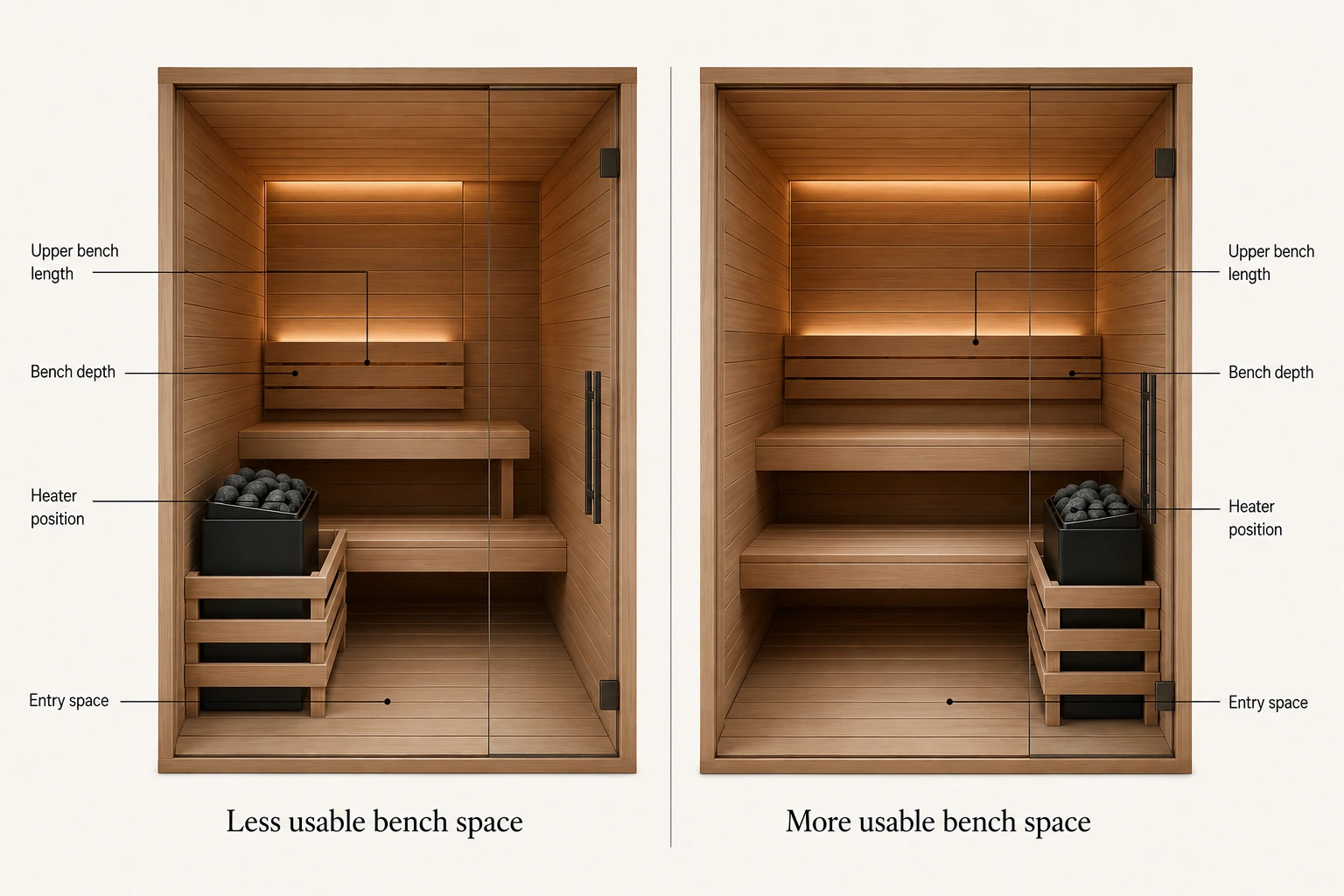 Home sauna comparison showing how bench layout affects usable space