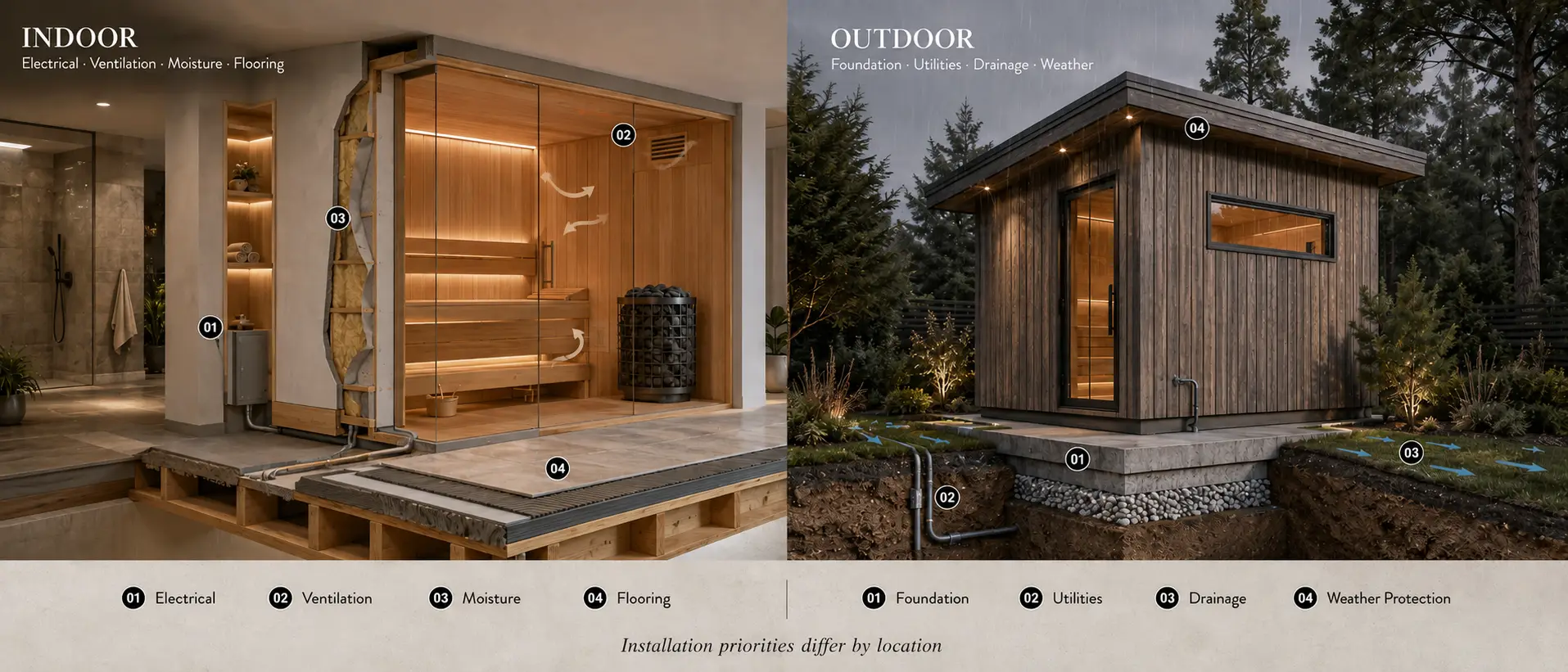 Indoor vs outdoor sauna installation comparison showing electrical, ventilation, moisture and flooring considerations indoors, and foundation, utilities, drainage and weather protection outdoors.