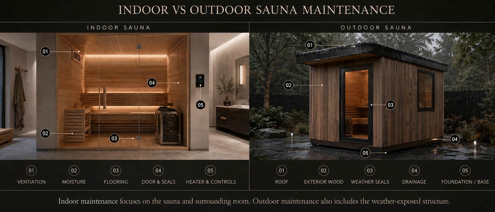 Indoor vs outdoor sauna maintenance comparison showing ventilation, moisture, flooring, door seals, heater controls, roof, exterior wood, drainage and foundation.