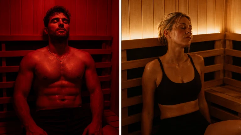Infrared sauna vs traditional sauna comparison with man and woman relaxing