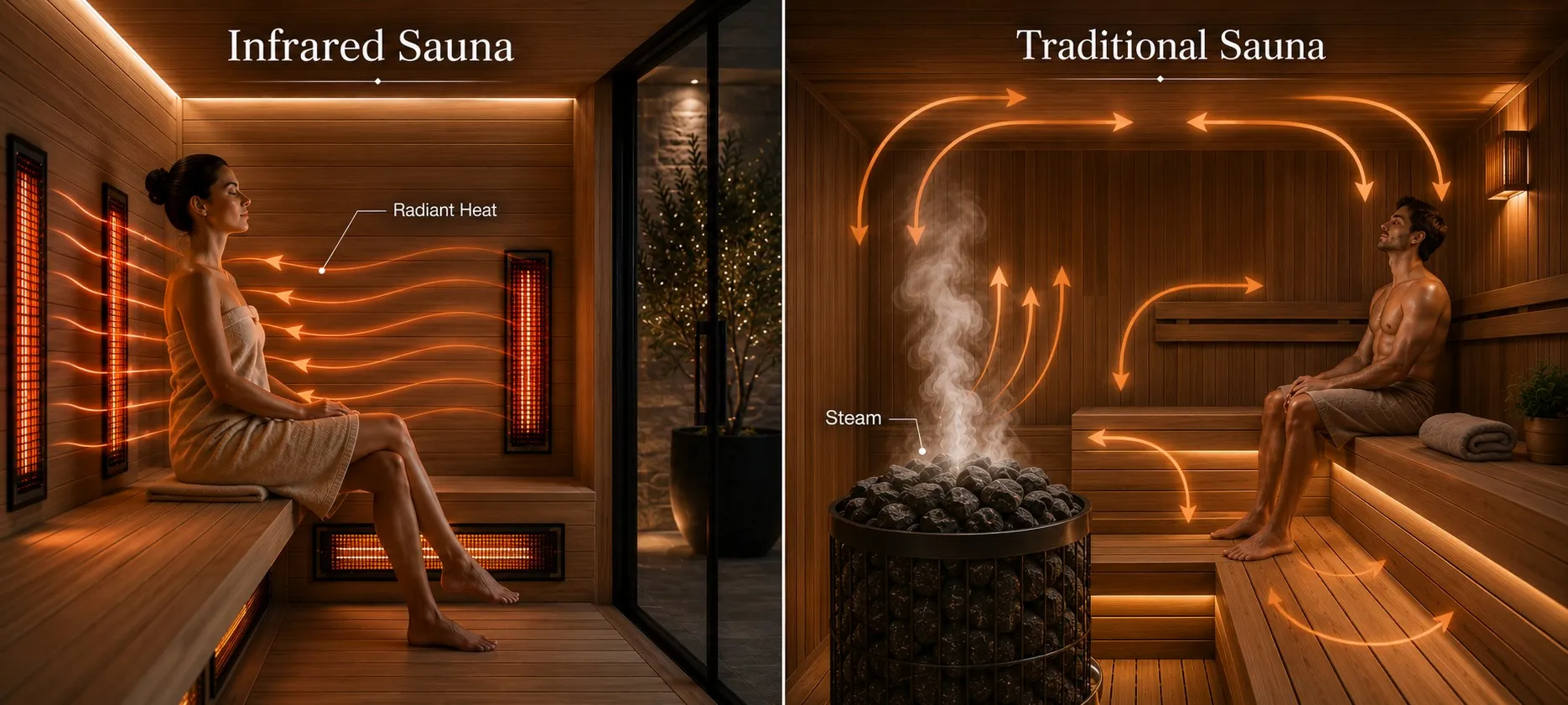 Infographic comparing how infrared and traditional saunas heat the body