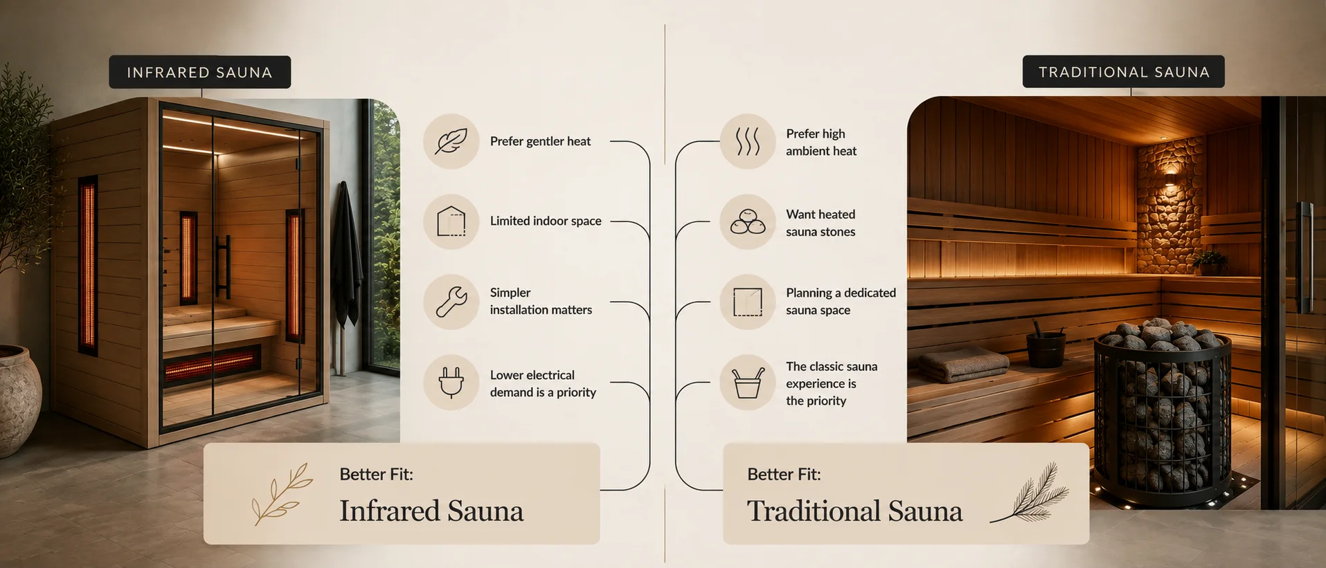 Infrared vs traditional sauna decision infographic comparing heat preference, space, installation and electrical demand
