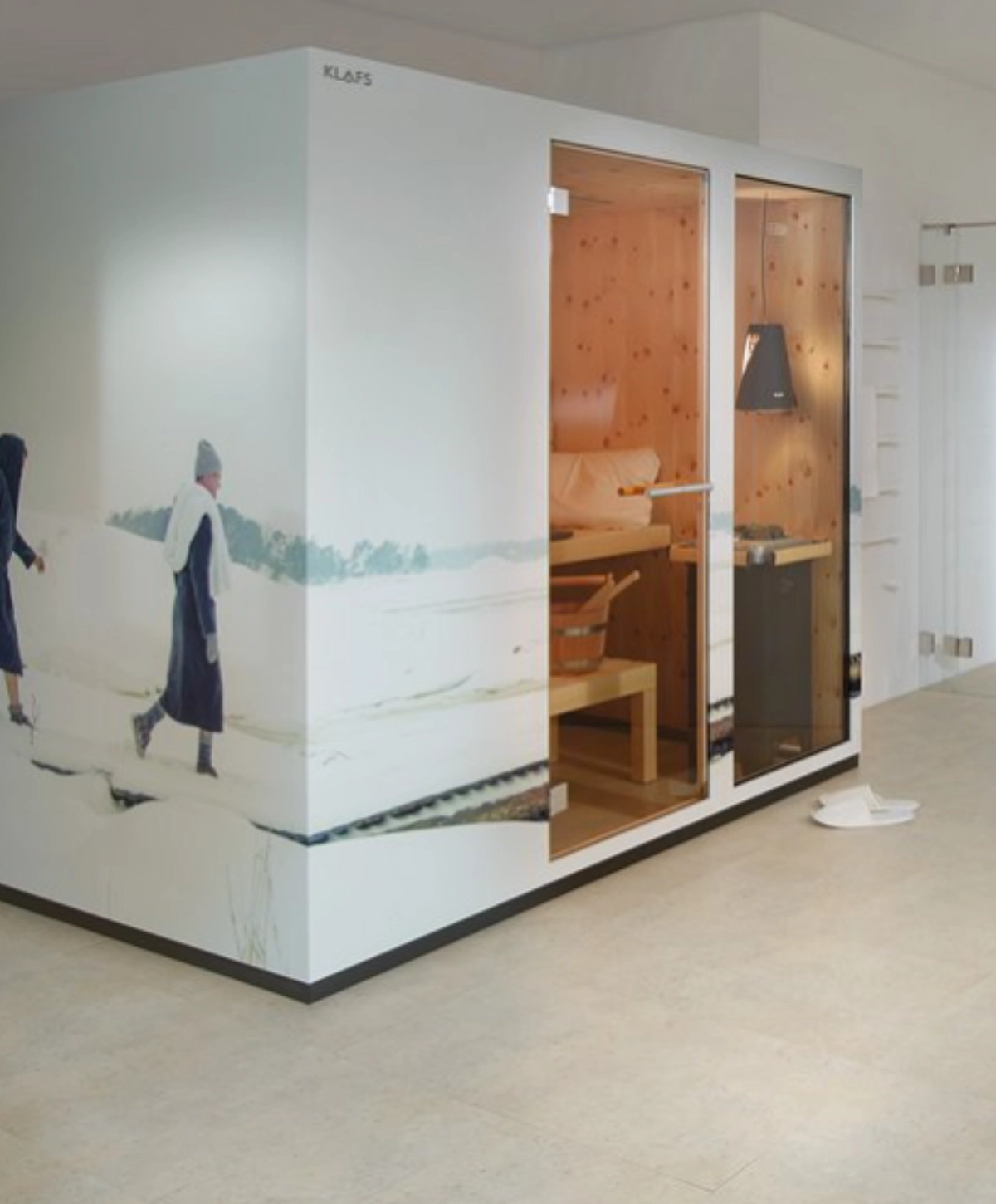 KLAFS EASY sauna installed in a modern luxury bathroom