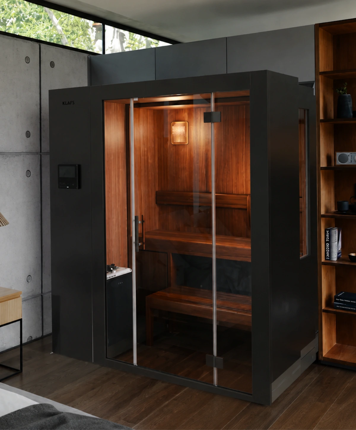 KLAFS S1 retractable sauna installed in a modern luxury bedroom