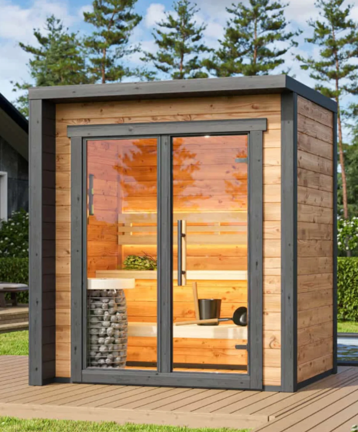 Leil Patio XXS Outdoor Sauna by BSaunas USA with glass front
