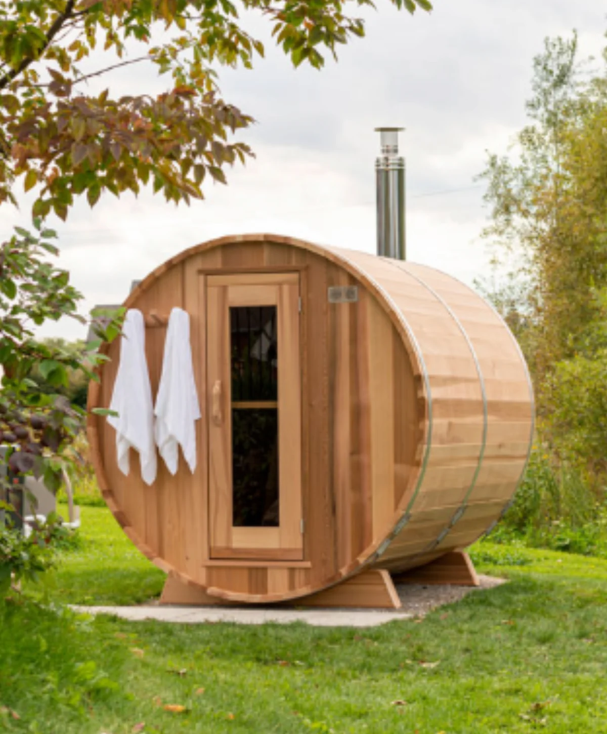 LeisureCraft cedar barrel sauna installed outdoors