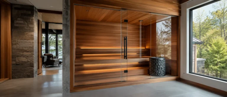 Modern home sauna with cedar interior and electric sauna heater.