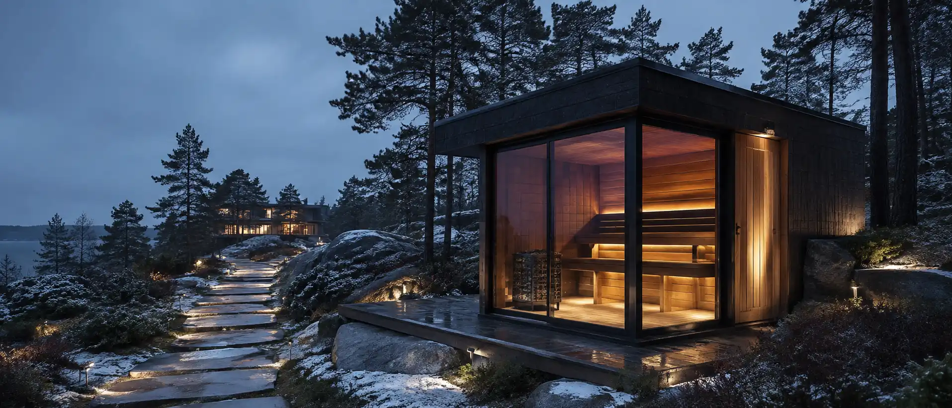 Outdoor sauna in a cold climate with snow, wet surfaces and a walking path connecting the sauna to the home.