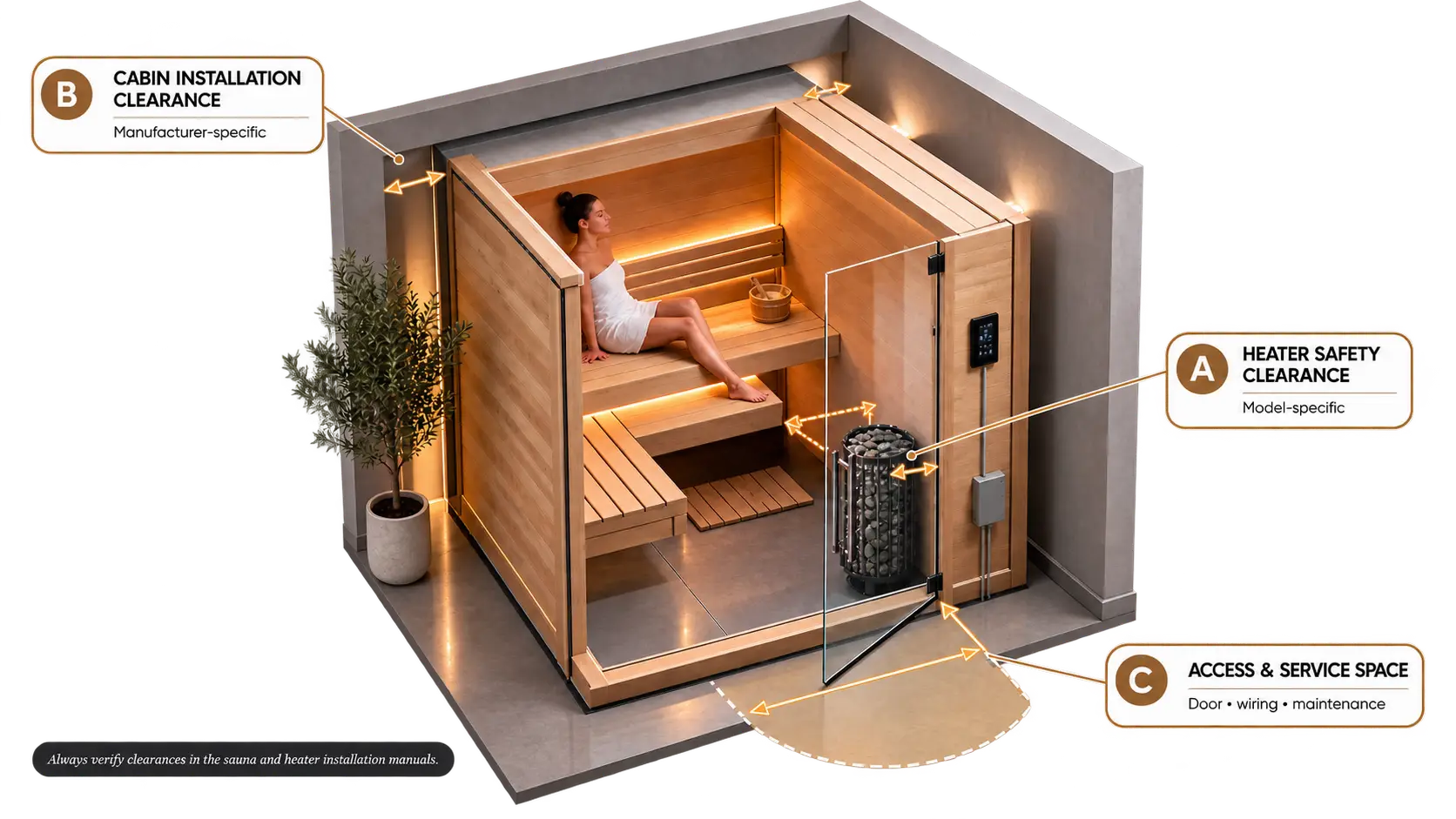 Sauna heater clearances and installation space infographic