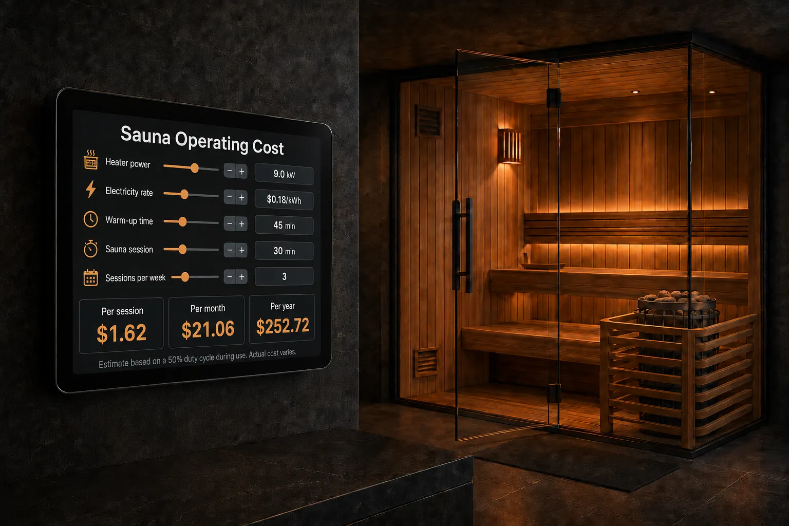 Warmly lit modern home sauna interior