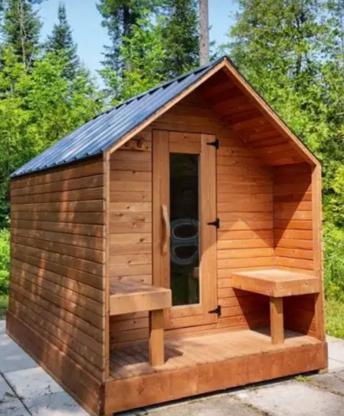 SaunaSpa.Ca Cottage Sauna with covered porch in a wooded outdoor setting