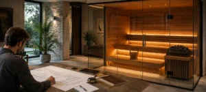 Homeowner reviewing plans before buying a home sauna