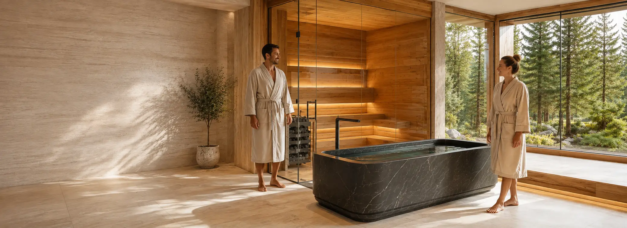 Couple in a luxury home wellness space with a sauna and full-size cold plunge