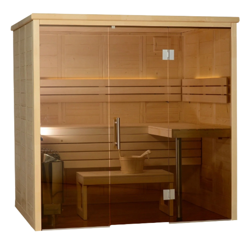 Almost Heaven Worthington traditional indoor sauna with glass front and tiered wood benches
