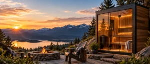 Luxury outdoor sauna overlooking a mountain lake at sunset