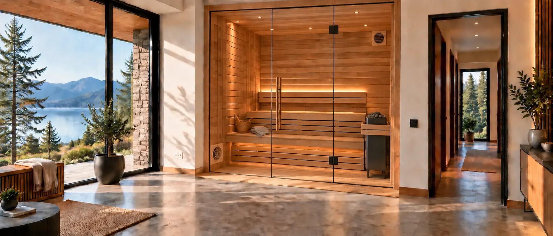 Finished home sauna with glass front, electric heater and ventilation
