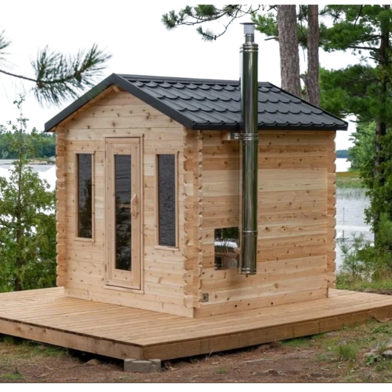 Dundalk LeisureCraft Georgian Cabin outdoor traditional sauna with wood-burning chimney