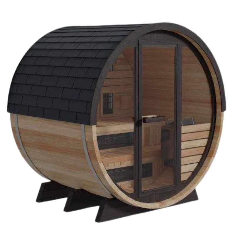 Finnmark Designs FD-7 hybrid outdoor barrel sauna kit in Thermo-Aspen