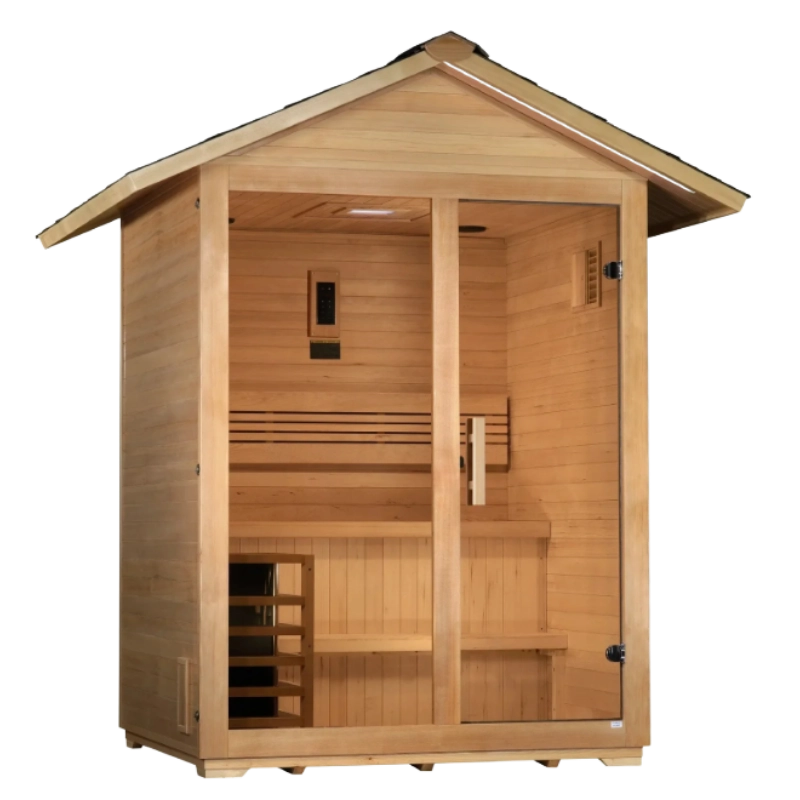 Golden Designs Arlberg outdoor traditional sauna with glass front and wood interior