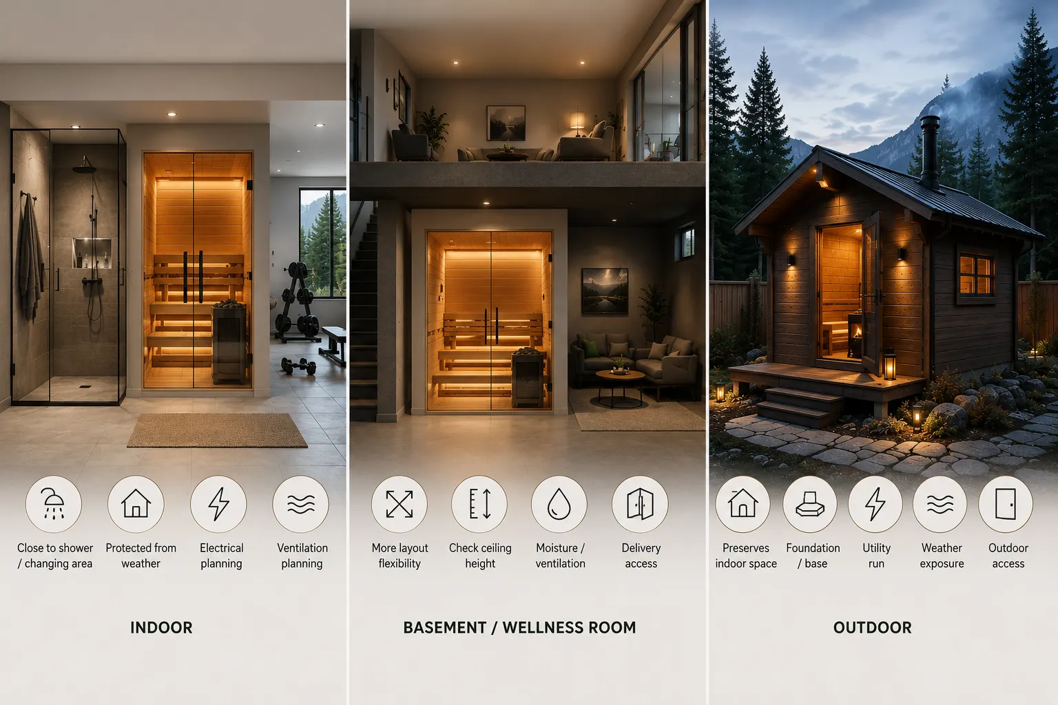 Home sauna placement options showing indoor, basement wellness room and outdoor sauna installations