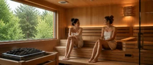 Modern home sauna with ventilation fans, heater and two bathers