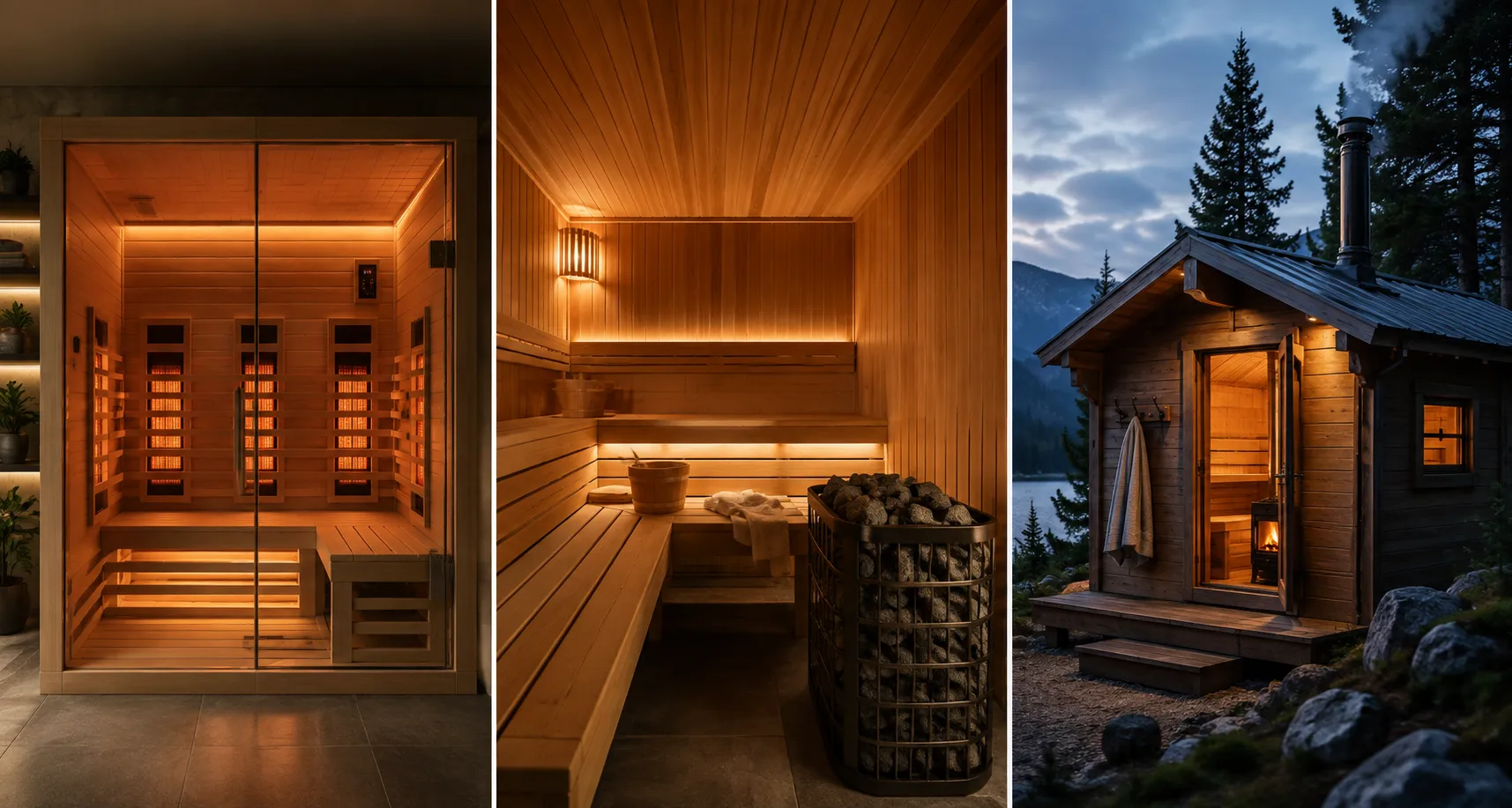 Infrared, traditional electric and wood-burning home saunas shown side by side