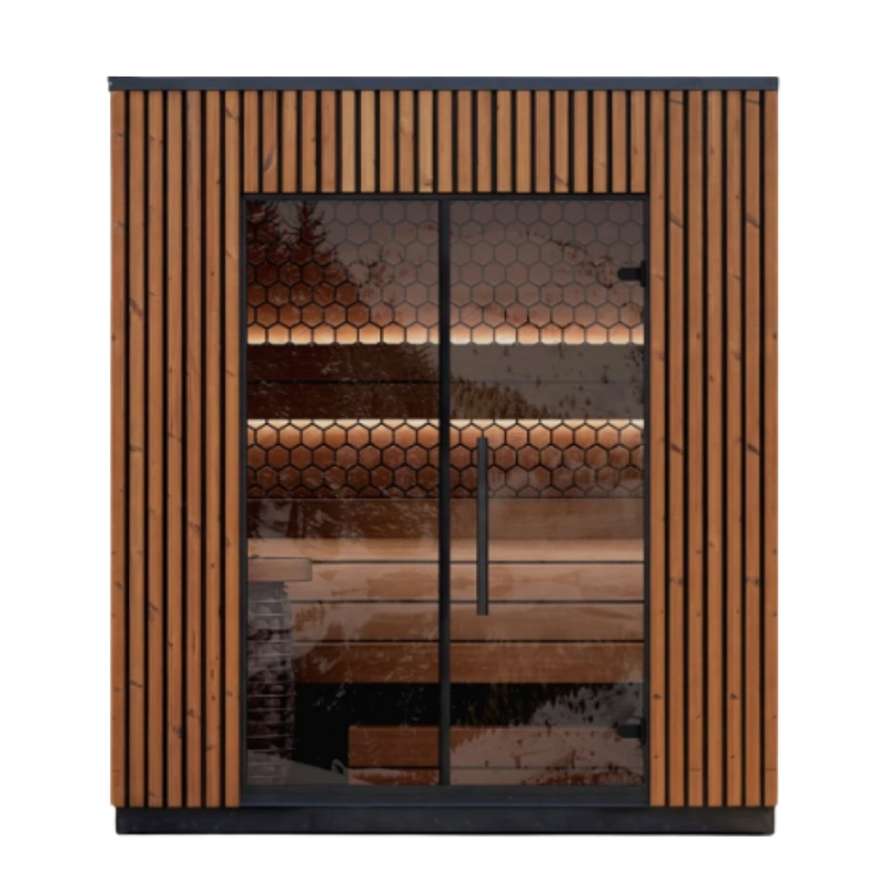 Leil Viva 210 outdoor sauna with glass front and vertical wood cladding