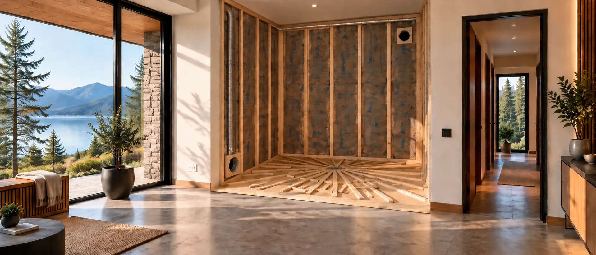 Home sauna ventilation rough-in with wall framing and ductwork