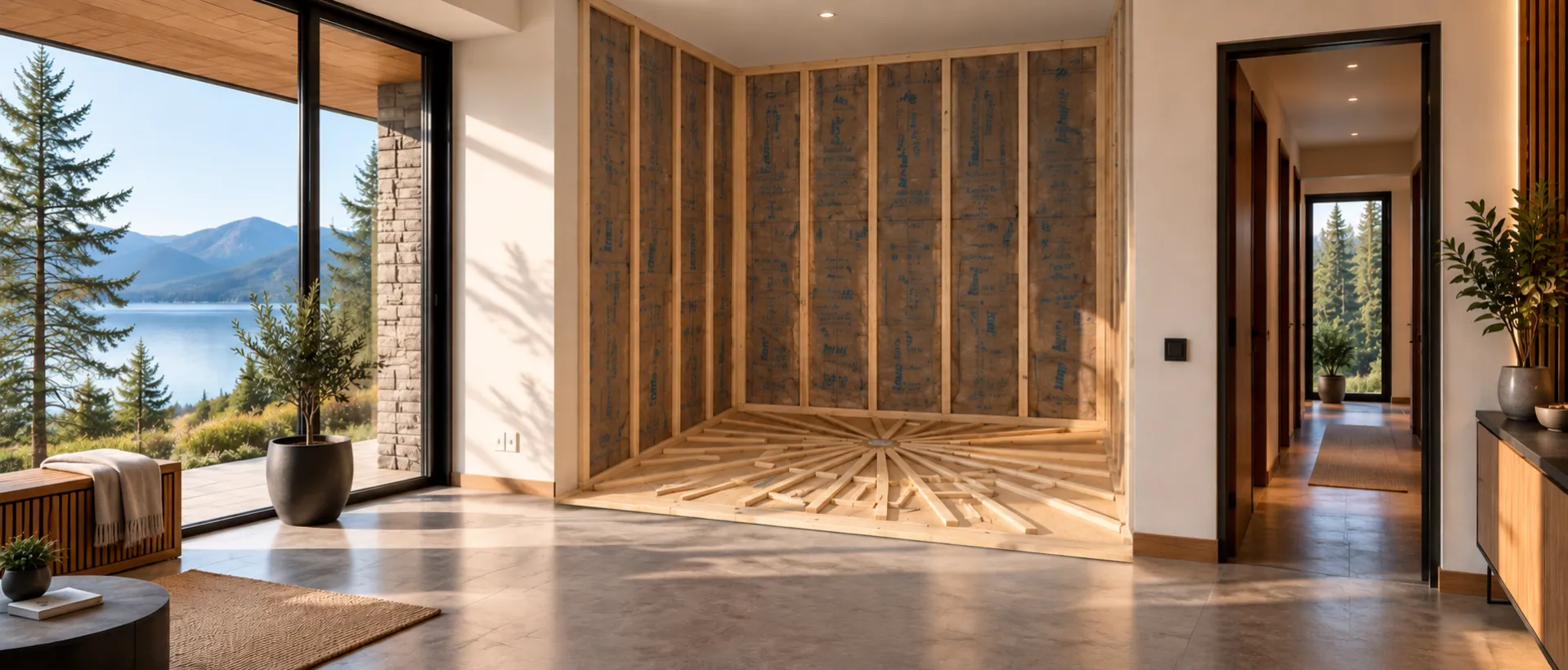 Home sauna installation area with wall framing, insulation and prepared floor