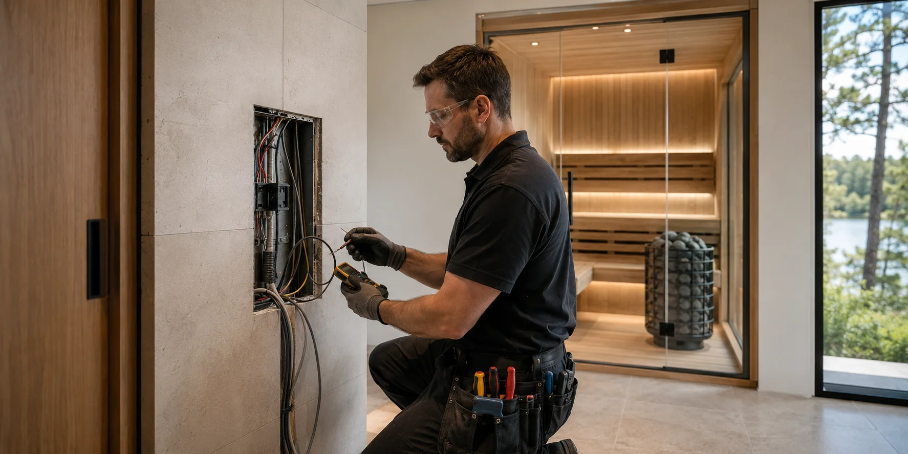 Electrician preparing the electrical installation for a home sauna in a modern residential interior