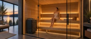 Modern home sauna with elevated upper bench, lower foot bench and electric heater showing practical ceiling height and seating placement