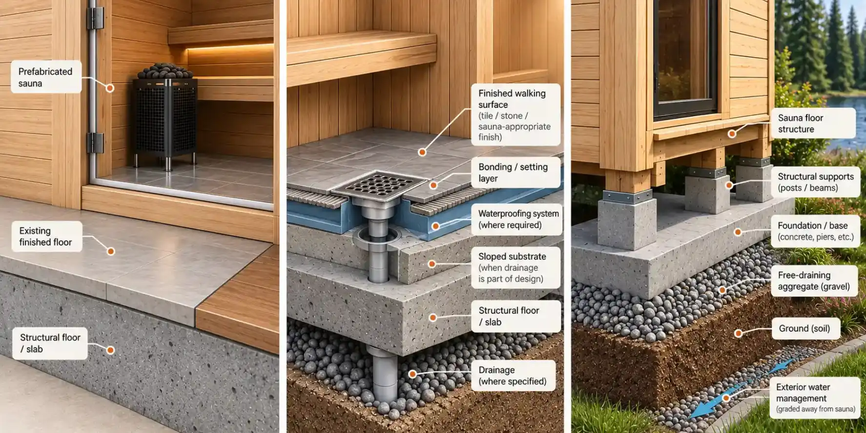 Sauna floor construction comparison showing prefab, waterproofed indoor and outdoor foundation assemblies