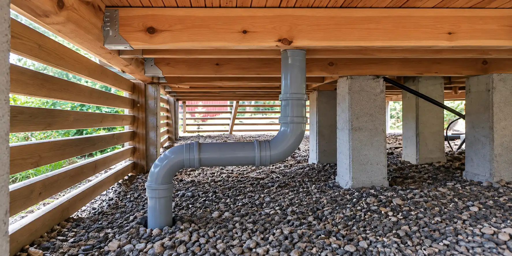 Sauna floor drain pipe installed beneath a raised wooden sauna floor
