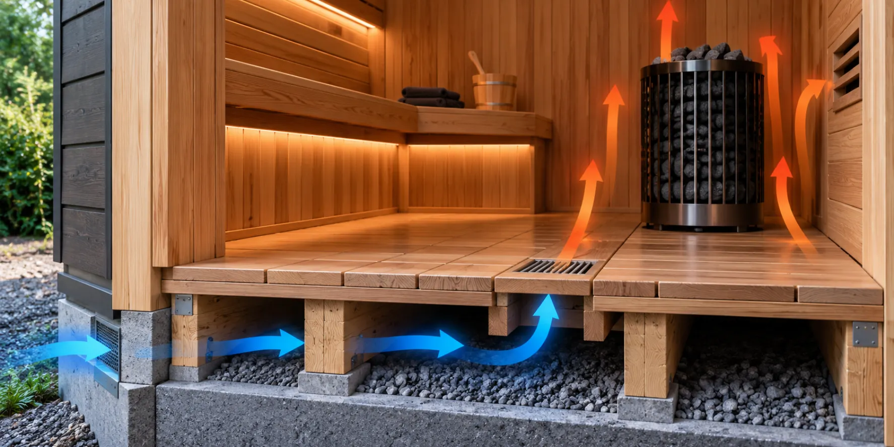 Cutaway view of a traditional sauna showing fresh air entering beneath a raised wooden floor and flowing into the sauna through a floor ventilation opening